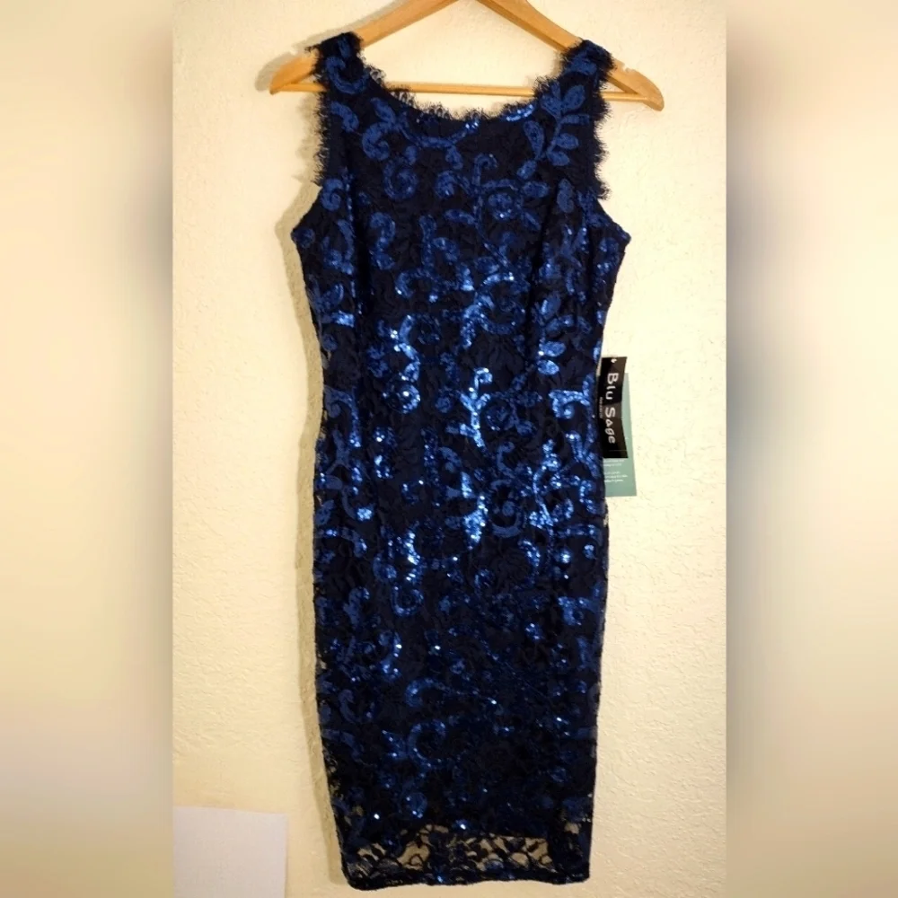 Blu Sage Blue Sequined Sleeveless Midi Dress NWT - Picture 2 of 7